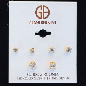 NWT 18K Gold Plated Sterling Silver CZ Stud Earrings 3 Pair 3mm 4mm 5mm